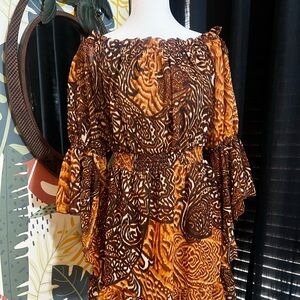 Brown and Orange Off Shoulder Patterned Dress